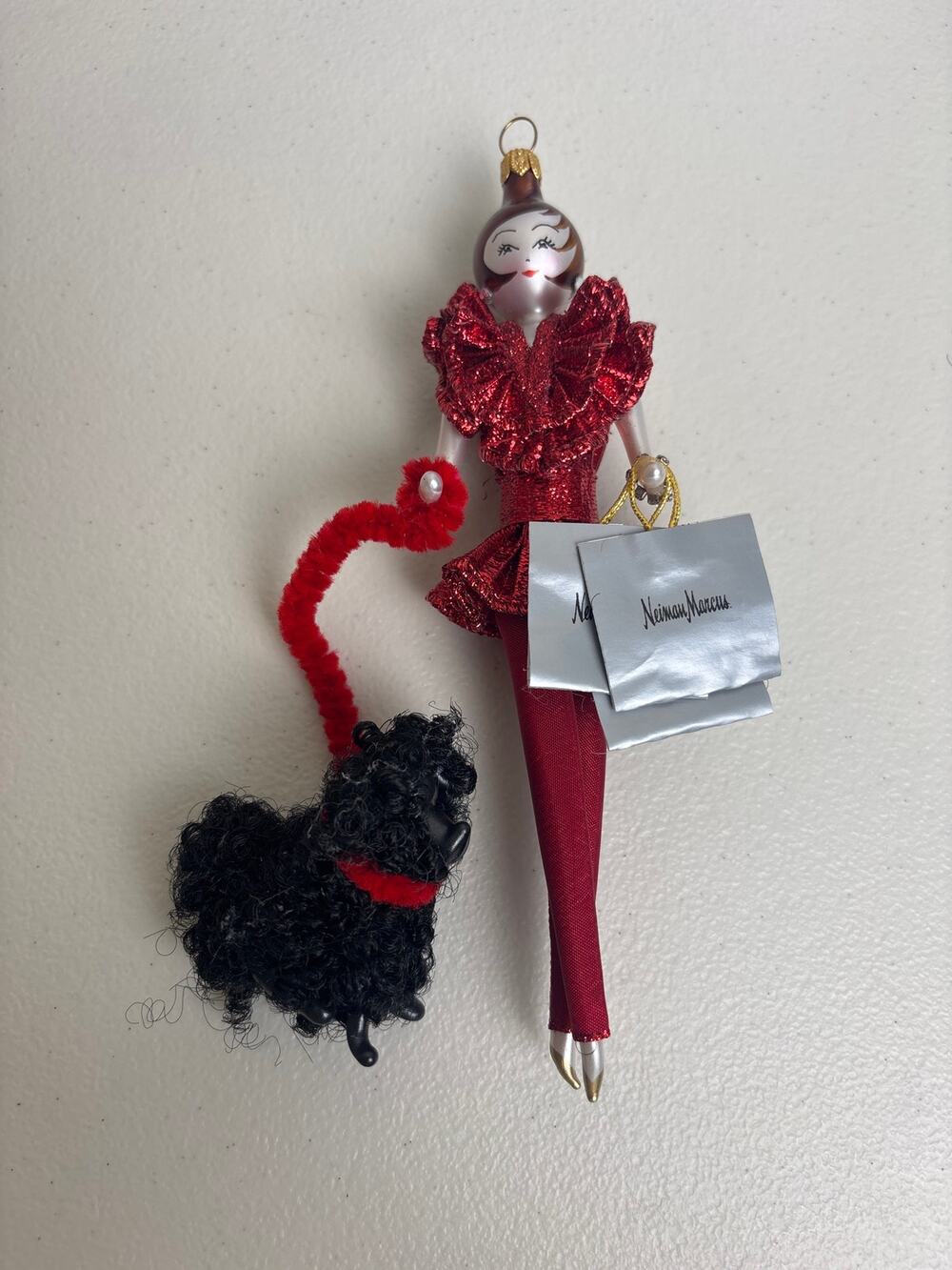 De Carlini Neiman Marcus Lady w/ Poodle Glass Ornament Red Outfit Italy Box Tags